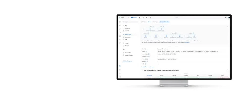 UniFi zone-based firewall interface showing network zones and policies