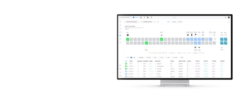 UniFi Port Manager displaying switch ports, link speeds and connected devices